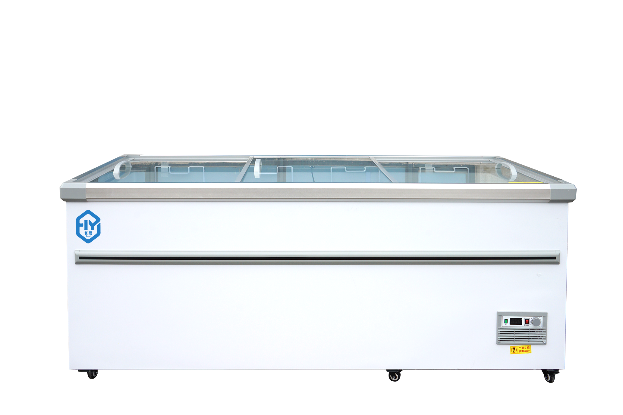 Deep island freezer for frozen foods in supermarkets.