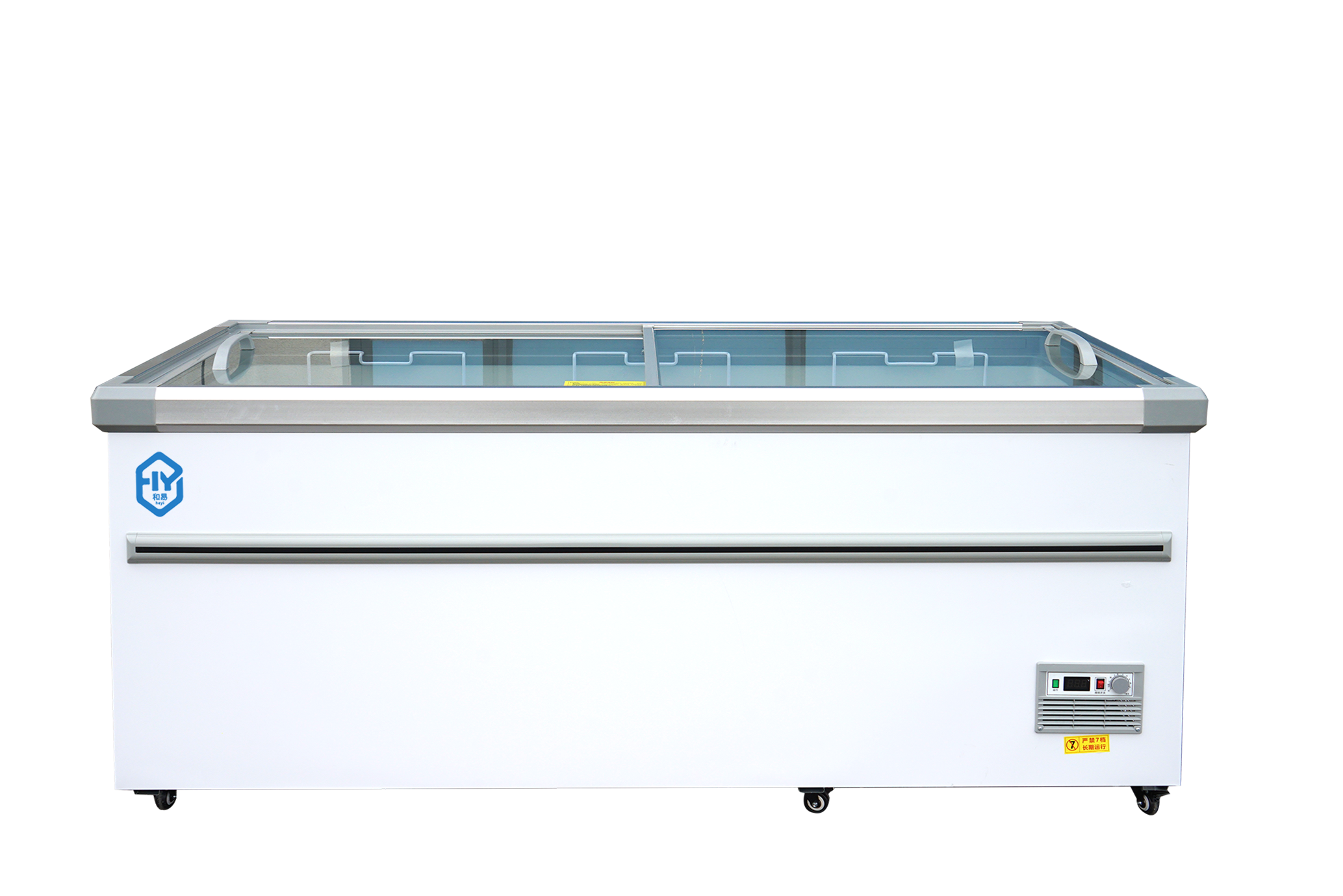 Deep island freezer for frozen foods in supermarkets.